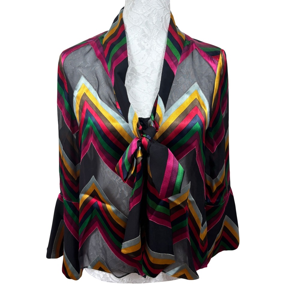 Alice + Olivia Multicolor Striped Tie Neck Sheer Bell Sleeve Top Blouse Womens S